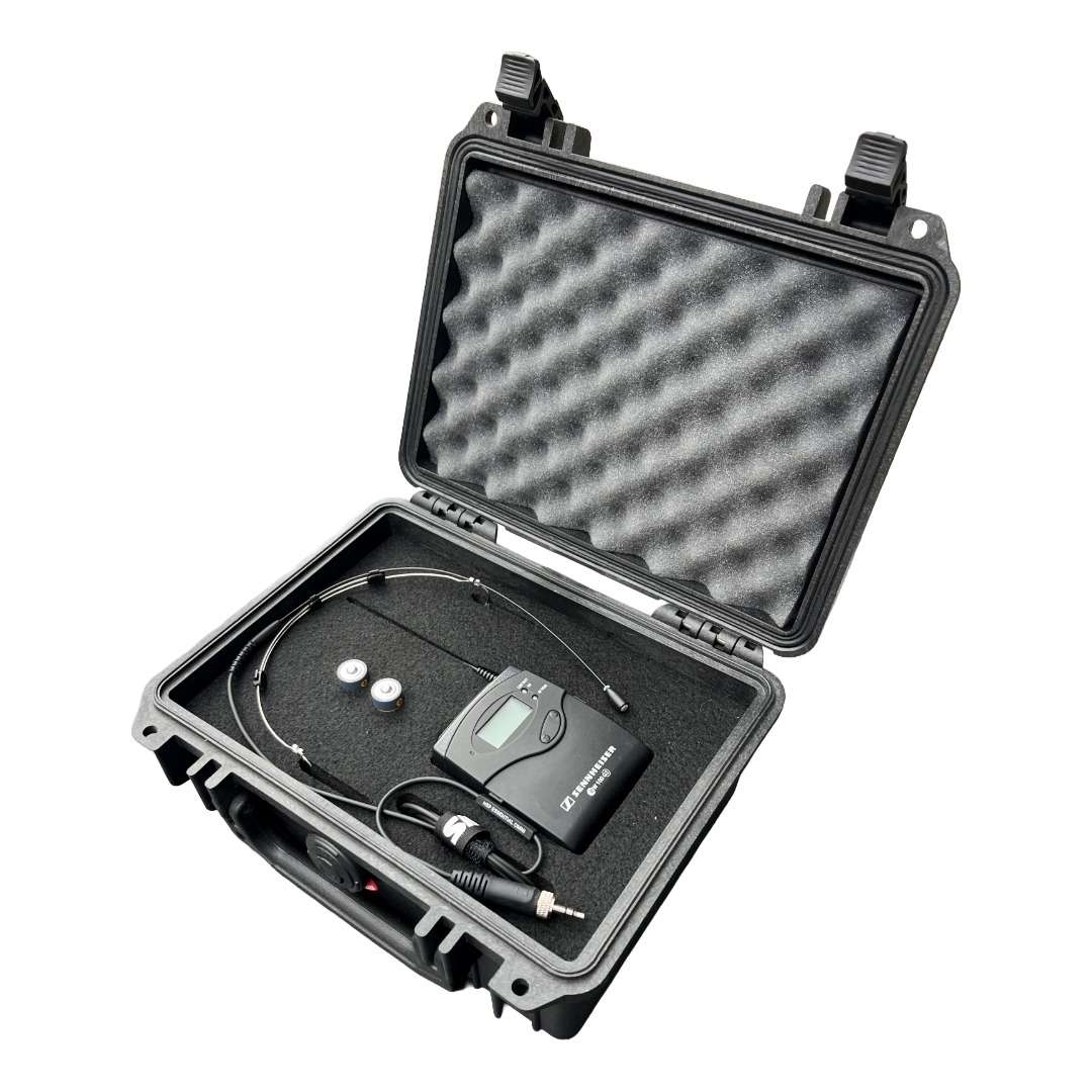 Wireless headset-transmitter from Sennheiser in a Peli case.